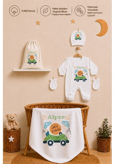 Pia Baby Erkek Bebek İsimli Hastane Çıkışı 6 Parça Tulum Şapka Eldiven %100 Pamuk Hediye Seti 2007tybk0x Krem