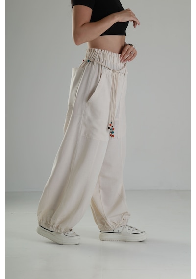 Cocopelli Tasarım Keten Bej Baggy Pantolon Coc1291 Bej
