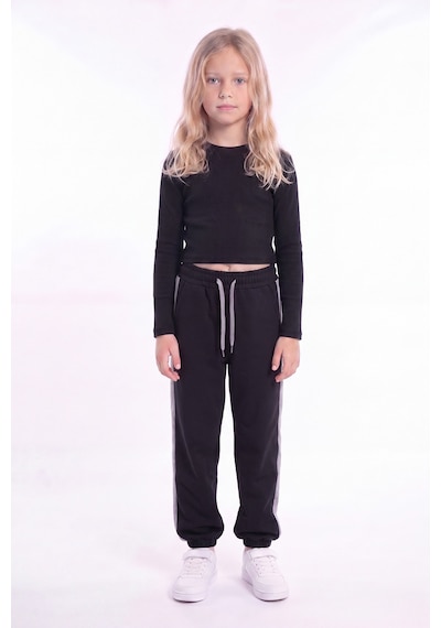 Panios Kids Kız Çocuk Fitilli Crop Ve Şerit Detaylı Eşofman Takımı Seti Siyah