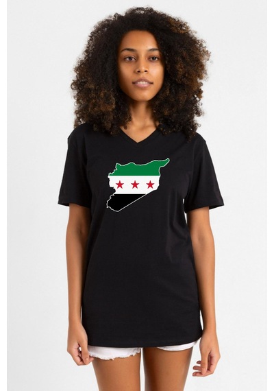 Suriye Yeni Bayrak Siyah Kadın V Yaka Tshirt SIYAH