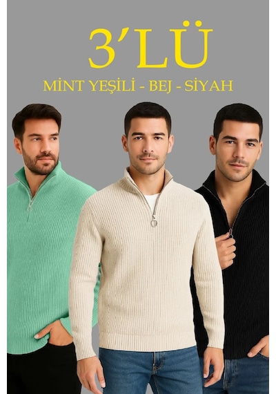 Tarzyeri Erkek Fitilli Triko Kazak 3 Lü Set Mint Yeşili Siyah Bej Kalın Dokuma Pamuklu Regular Fit Yeşil