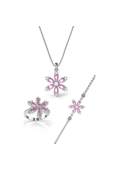925 Ayar Pembe Taşlı Rodyum Lotus Çiçeği 3'lü Gümüş Set Gümüş