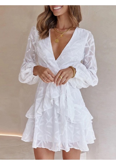 Fashion Cocktail Kabartma Yaprak Dal Desenli Uzun Kollu Kemerli Bohem Mini Elbise Beyaz