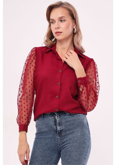Armonika Kadın Bordo Kolları Tül Gömlek Arm-20k001068