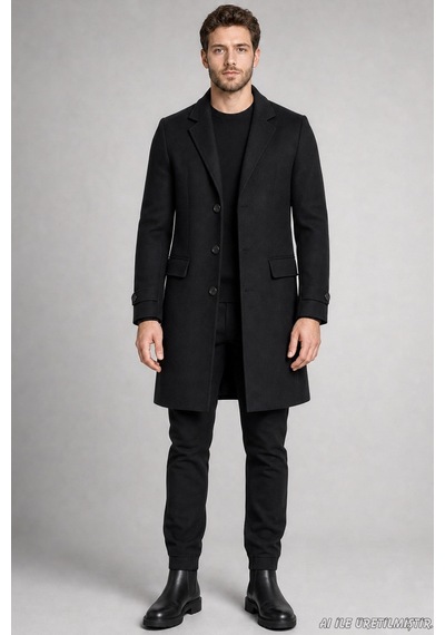 Freemen Erkek Slim Fit Klasik Yaka 3 Düğmeli Uzun Kaşe Kaban-425 Siyah
