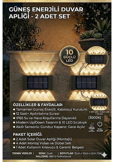 2li Set Gunes Enerjili Duvar Apligi 10 Ledli Su Gecirmez Dis Mekan Solar Aydinlatma Seti