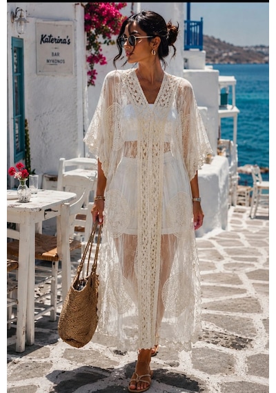 Asprinfashion Kadın İthal Dantel Pareo Kimono Plaj Elbisesi Ekru Bohem Yazlık Kaftan