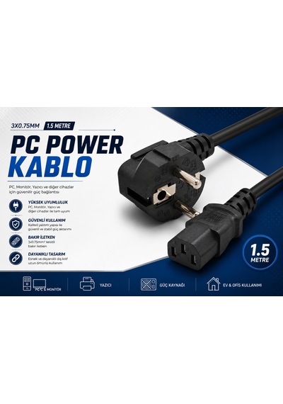 Pc Power Güç Kablosu 1.5 M Iec C13 3 0.75 Mm²