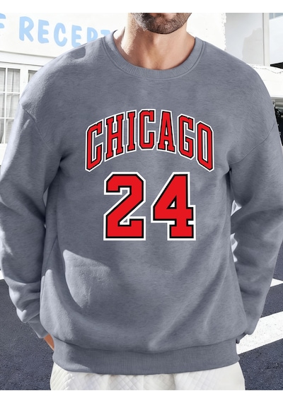 Startmore Startmorechicago Number 24 Letter Baskılı Erkek Kazakları Rahat Sokak Modası Polar Sweatshirt Yuvarlak Gri