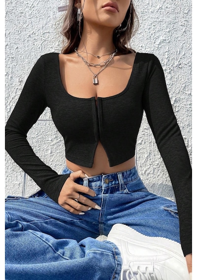 Moda Dua Kadın Siyah Uzun Kollu Agraflı Göğüs Ve Göbek Dekolteli Crop Top Bluz