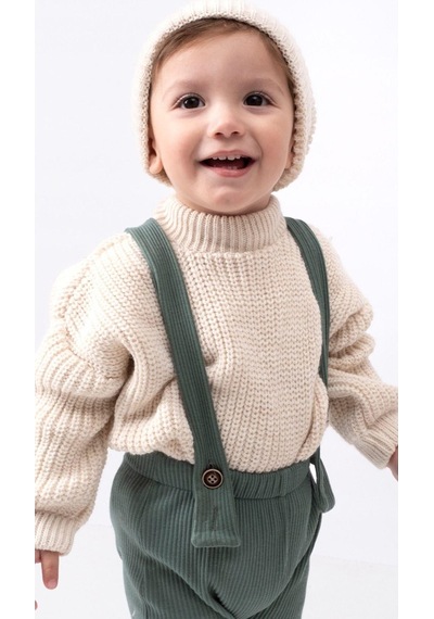 Bebicix Triko Kazak Oversize Esnek Salopet Bereli Unisex Bebek Takım Yesil