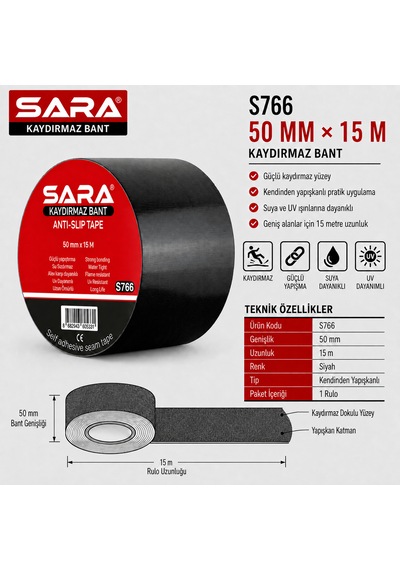 Sara S766 Kaydırmaz Bant 50 Mm X 15 M, Siyah, Kendinden Yapışkanlı