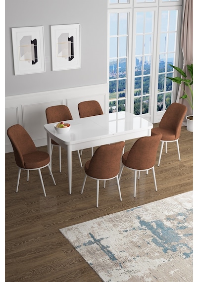 Canisa Concept Han Serisi 70x114, Açılabilir Mdf Mutfak Masa Takımı, Beyaz Masa Ve 6 Kiremit Sandalye Masa Beyaz Sandalyeler Kiremit