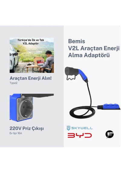 Bemis V2l Vehicle To Load Elektrikli Araç Uyumlu 3 Lü Priz Uzatma Adaptörü 3 M - Byd- Skywell 16a/3.5kw