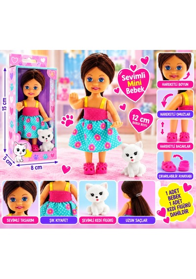 Cute Girl Kedi Figürlü Kumral Mini Bebek Nhr