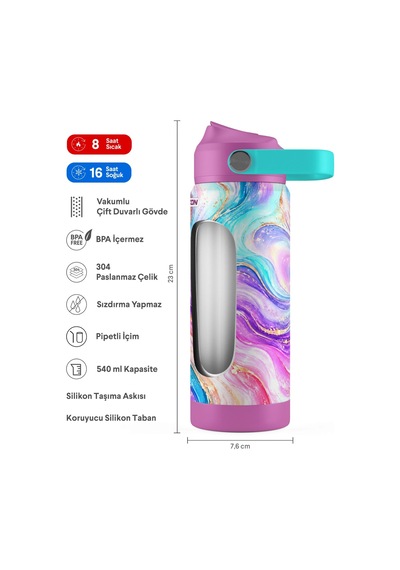 Puccon 540 Ml Renkli Dalga Desenli Mor - Çok Renkli Kız Çocuk Pipetli Çelik Termos Matara/suluk - 60064