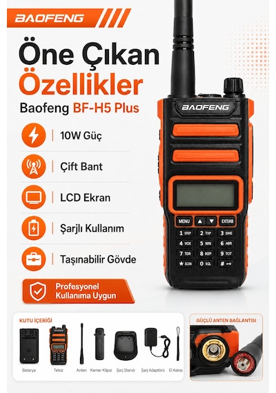 Bf-h5 Plus 10w Çift Bant Şarjlı El Telsizi Lcd Ekranlı Taşınabilir Profesyonel Telsiz