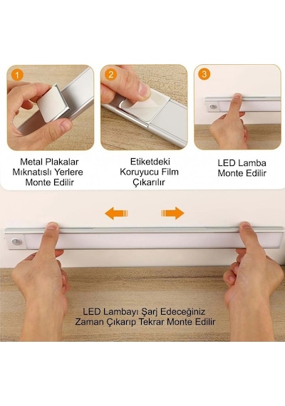 Shopytech 50 Cm Manyetik Şarjlı Led Dolap/tezgâh Altı Lamba Hareket Sensörlü 3 Renk Kısılabilir Usb Çok Renkli