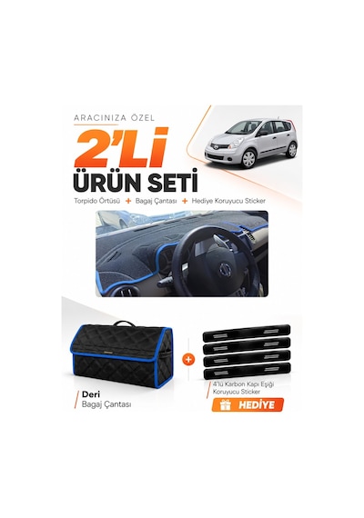 Nissan Note E11 2005-2009 Uyumlu Torpido Örtüsü + Deri Bagaj Çantası + Sticker Seti - Siyah Mavi