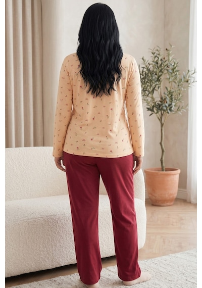 Siyah İnci Düğmeli Pamuklu Likralı Büyük Beden Battal Boy Örme Pijama Takım 26240901 Sarı
