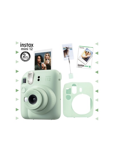 Fujifilm Instax Mini 12 Fotoğraf Makinesi + 10'lu Film + Kıskaçlı Resim Standı + Silikon Kılıf Seti Yeşil