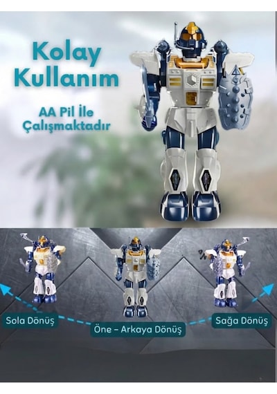 Büyük Boy Işıklı Sesli Ve Roket Atan Savaşçı Robot Oyuncak - 360 Derece Dönen Yürüyen Robot 34 Cm