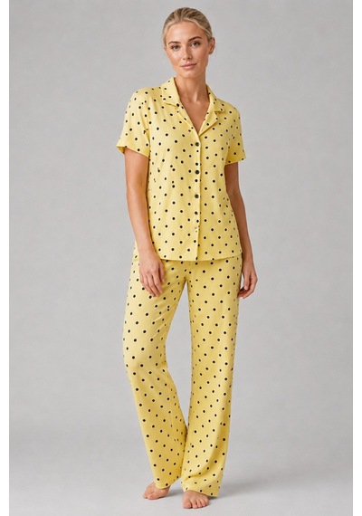 Sarı Puantiyeli Düğmeli Pijama Takımı 4642-sarı