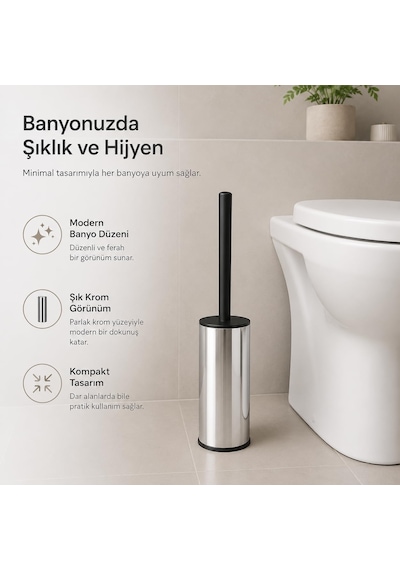 Lexroo Krom Klozet Fırçası, Paslanmaz Görünümlü Tuvalet Fırçası, Siyah Saplı Modern Wc Fırçalık