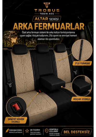 Fiat Egea Sedan 2014+ Uyumlu Altar Serisi Tay Tüyü Bej Siyah Premium Koltuk Kılıfı