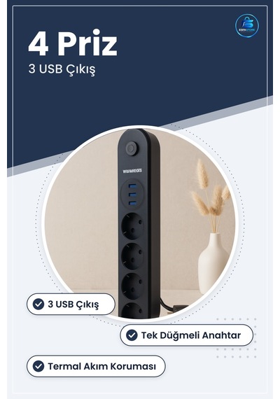 Termal Akım Korumalı Uzatma Kablosu 4 Priz 3 Usb Anahtarlı Siyah 1.5