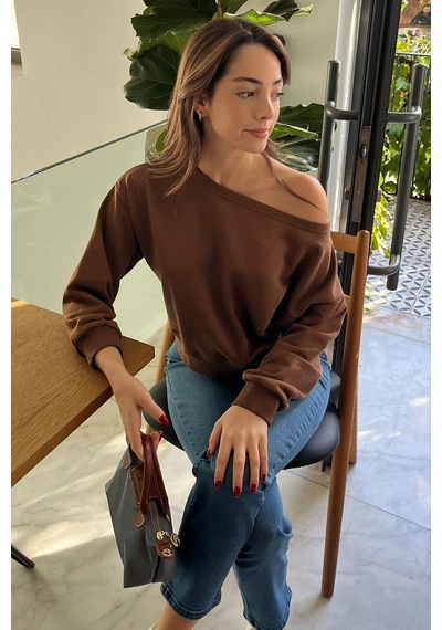 Kahverengi Kayık Yaka Kadın Sweatshirt Mg2208