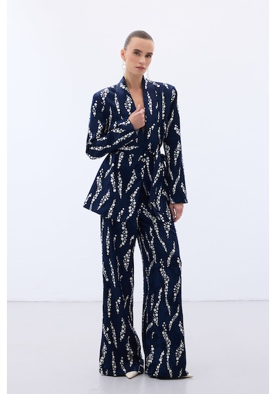 Sateen Desenli Uzun Ceket - Lacivert-136470 Lacivert