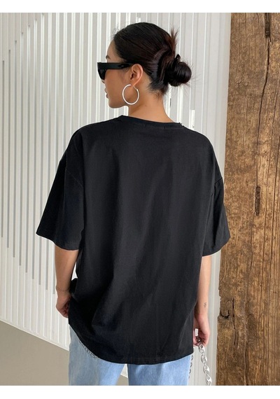 Flood Of Style Kadın Siyah Optımıstıc Baskılı Oversize Bisiklet Yaka Tshirt