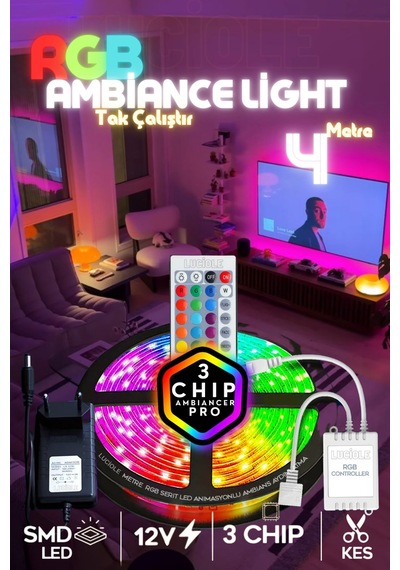 Rgb Led Tak Çalıştır 16 Renkli 4 Animasyonlu Tv Arkası Led Yatak Odası Led Bilgisayar Led 4metre