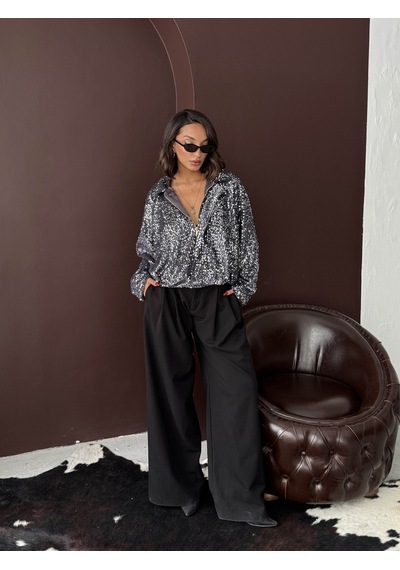 Verymoda Payetli Oversize Kadın Ceket Fermuarlı Işıltılı Şık Üst F2026 Siyah Gümüş