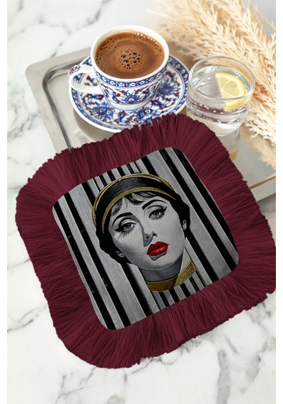 Lüks Portreli Saçaklı Sunum Peçetesi - Sanatsal Glam Retro Bordo Altın Renkli Bardak Altlığı Mendil Çok Renkli