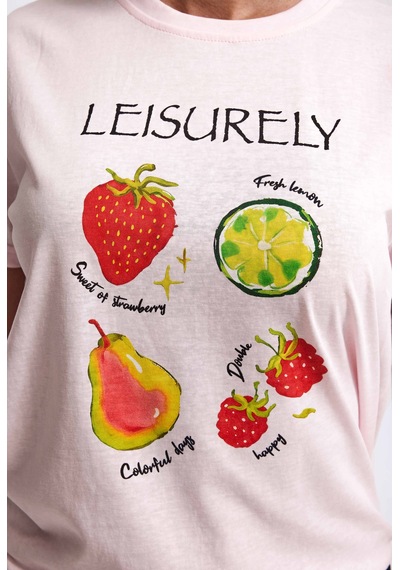 Kadın Pembe Meyve Baskılı Bol Kesim Tasarım T-shirt