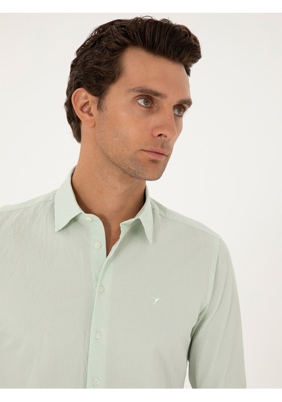 Cacharel Mint Slim Fit Pamuk Karışımlı Gofreli Gömlek Yeşil