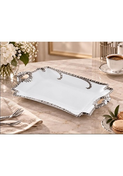 Roykıng Camelıa Gümüş Dikdörtgen Kulplu Sunum Tabağı 40x21