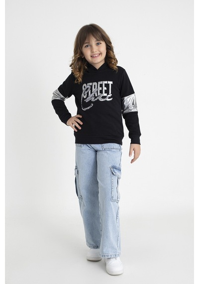 Neslice İn İstanbul Kız Çocuk Siyah Kapüşonlu Nakışlı Pul Payetli Sweatshirt