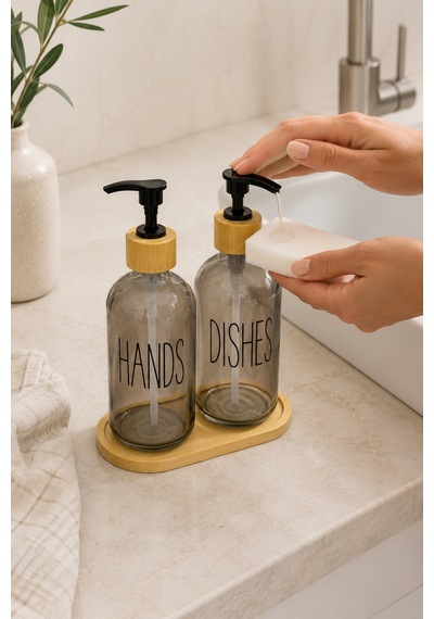 Relly Bambu Standlı İkili Cam Sabunluk Seti 2 X 500 Ml Hands & Dıshes Gri