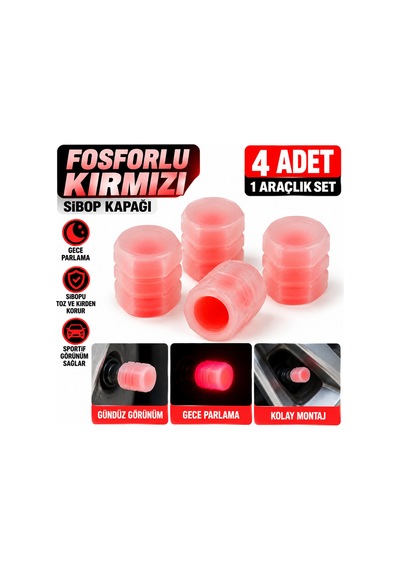 Fosforlu Kırmızı Sibop Kapağı 4'lü Set Gece Parlayan Araç Lastik Sibop Koruyucu Plastik Kapak - 939656006