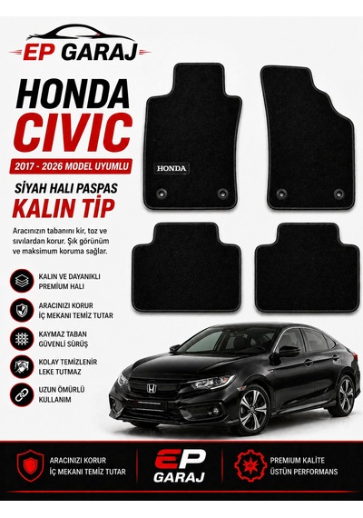 Honda Civic 2017 2026 Uyumlu Siyah Halı Paspas Kalın Tip 4 Parça