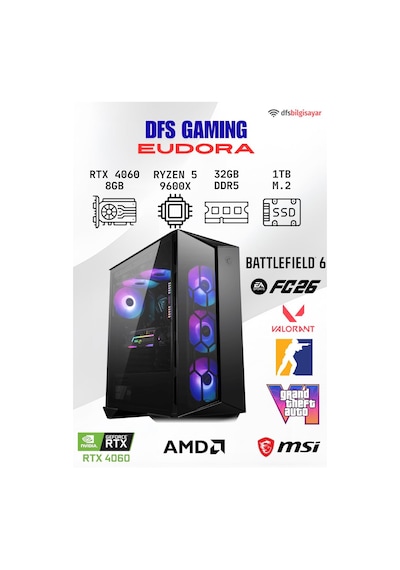 MSI DFS Gaming EUDORA R5-9600X 32 GB 1 TB M.2 SSD RTX4060 Free Dos Masaüstü Oyuncu Bilgisayarı