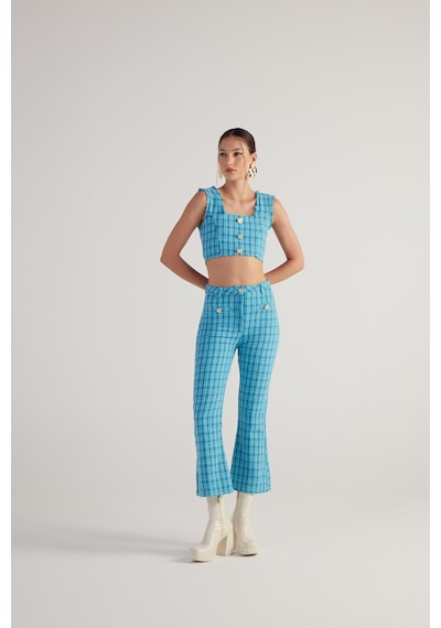 Holly Lolly İspanyol Kesim Tüvit Tweed Pantolon Mavi