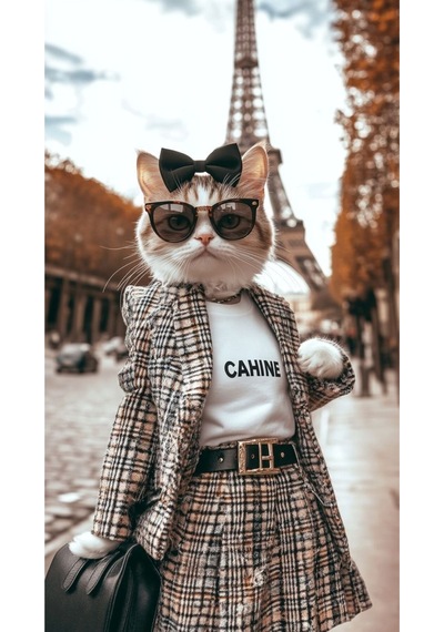 Paris Moda Kedisi Cam Tablo Şık Gözlüklü Ve Takımlı Sanat Tasarım