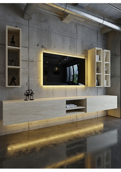 Resital Ledli Duvara Monte Tv Sehpası - Traverten - W6003-8 Traverten
