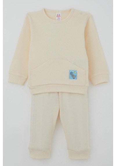 Breeze Erkek Bebek Pijama Takımı Omuzdan Patlı Kanguru Cepli Sevimli Fil Armalı 4 Ay-1 Yaş, Krem Krem