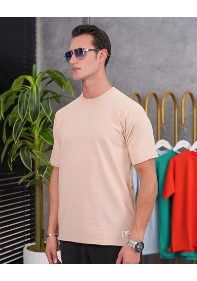Modefendi Pamuk Likra Yırtmaç Detaylı 2 İplik Oversize Tshirt Krem