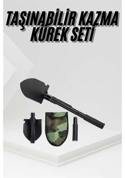 Mey İthalat Katlanır Portatif Kazma Kürek Seti Portatif Çelik Taşıma Çantalı Pusulalı